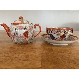 Vintage Collectible Asian Japan Geisha Girl Hand-Painted Porcelain Teapot Teacup